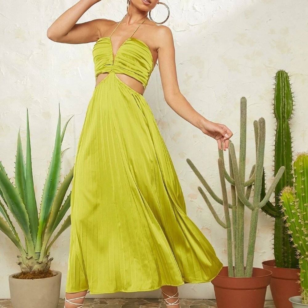 Olive Green Boho Womens Cut Out Waist Ruched Bust Tie Backless Satin Dress - Picture 1 of 5